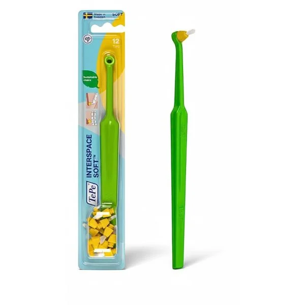 Manche vert TePe Interspace Soft et embouts jaunes sous blister, brins blancs