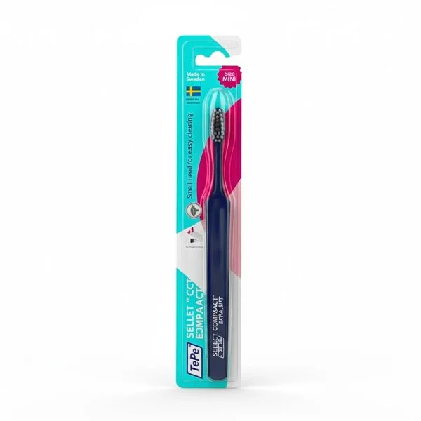 Brosse à dents TePe Select Compact bleu nuit sous blister rose et turquoise