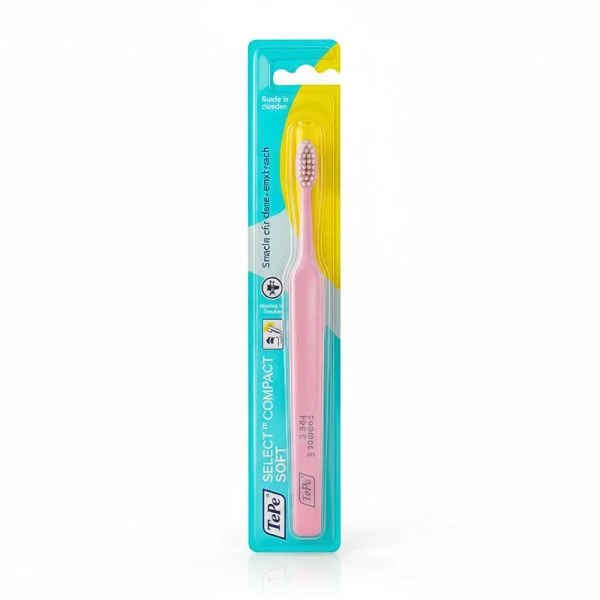 Brosse à dents TePe Select Compact rose sous blister turquoise et jaune