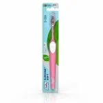 Brosse à dents TePe Supreme rose sous blister turquoise, filaments blancs deux hauteurs