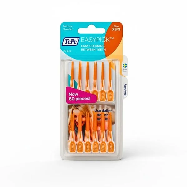 Blister orange TePe EasyPick taille XS/S, soixante bâtonnets interdentaires souples