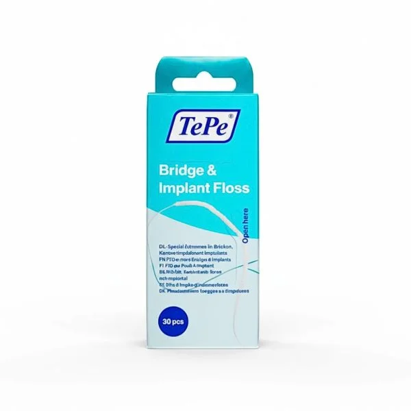 Boîte turquoise fil dentaire TePe Bridge and Implant Floss, 30 brins