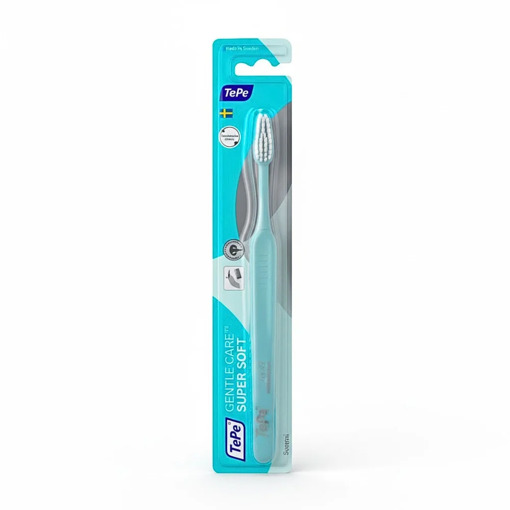 tepe-tepe-gentle-care-brosse-a-dents-super-soft-1u.jpg Brosse à dents TePe Gentle Care turquoise sous blister, filaments blancs fins