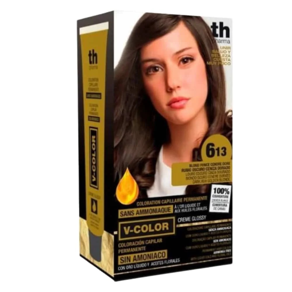 th-pharma-vitalia-color-coloration-capillaire-sans-ammoniac-th-pharma-n-613-blond-fonce-cendre-dore.jpg Coffret coloration TH Pharma nuance 6.13, boîte noire et dorée avec tube