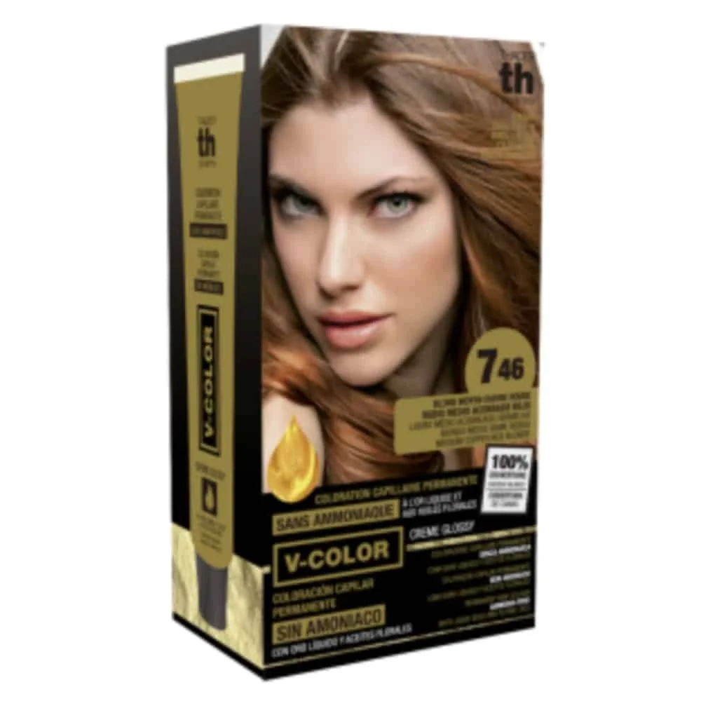 th-pharma-vitalia-color-coloration-capillaire-sans-ammoniac-th-pharma-n-746-blond-moyen-cuivre-rouge.jpg Coffret coloration TH Pharma nuance 7.46, boîte noire et dorée avec tube