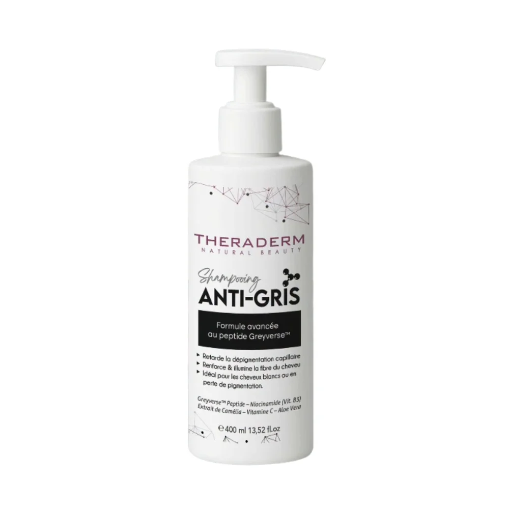 theraderm-shampoing-anti-gris-400ml.jpg Flacon pompe blanc Theraderm Shampoing Anti-Gris 400 ml au peptide Greyverse