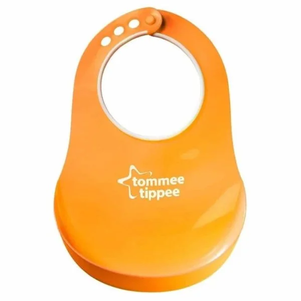 Bavoir rigide Tommee Tippee orange avec fermoir réglable à crans et poche récupératrice