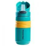 Gourde turquoise et jaune Tommee Tippee à paille, couvercle rabattable ouvert