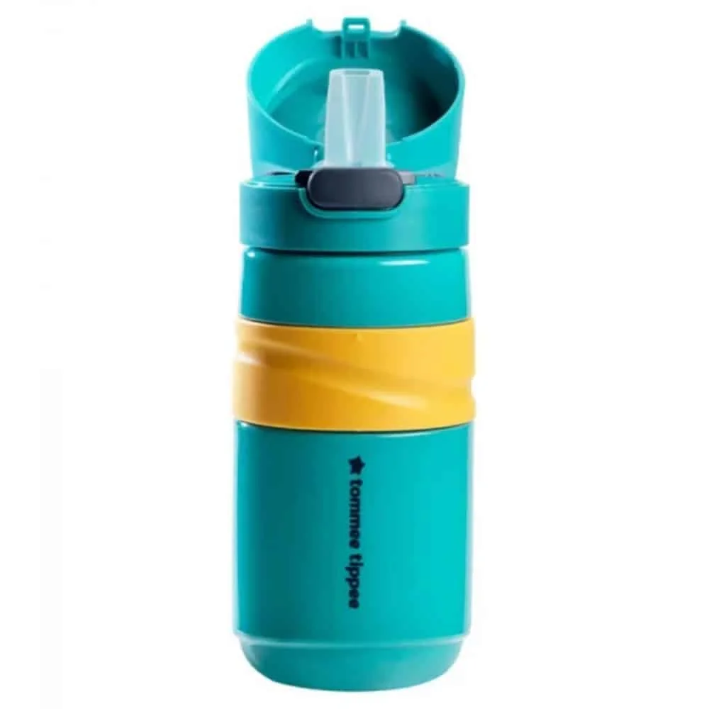 tommee-tippee-gourde-a-paille-anti-fuites-turquoise-500ml-1u.jpg Gourde turquoise et jaune Tommee Tippee à paille, couvercle rabattable ouvert
