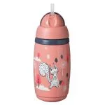 Tasse isotherme rose Tommee Tippee à paille, décor écureuil et forêt
