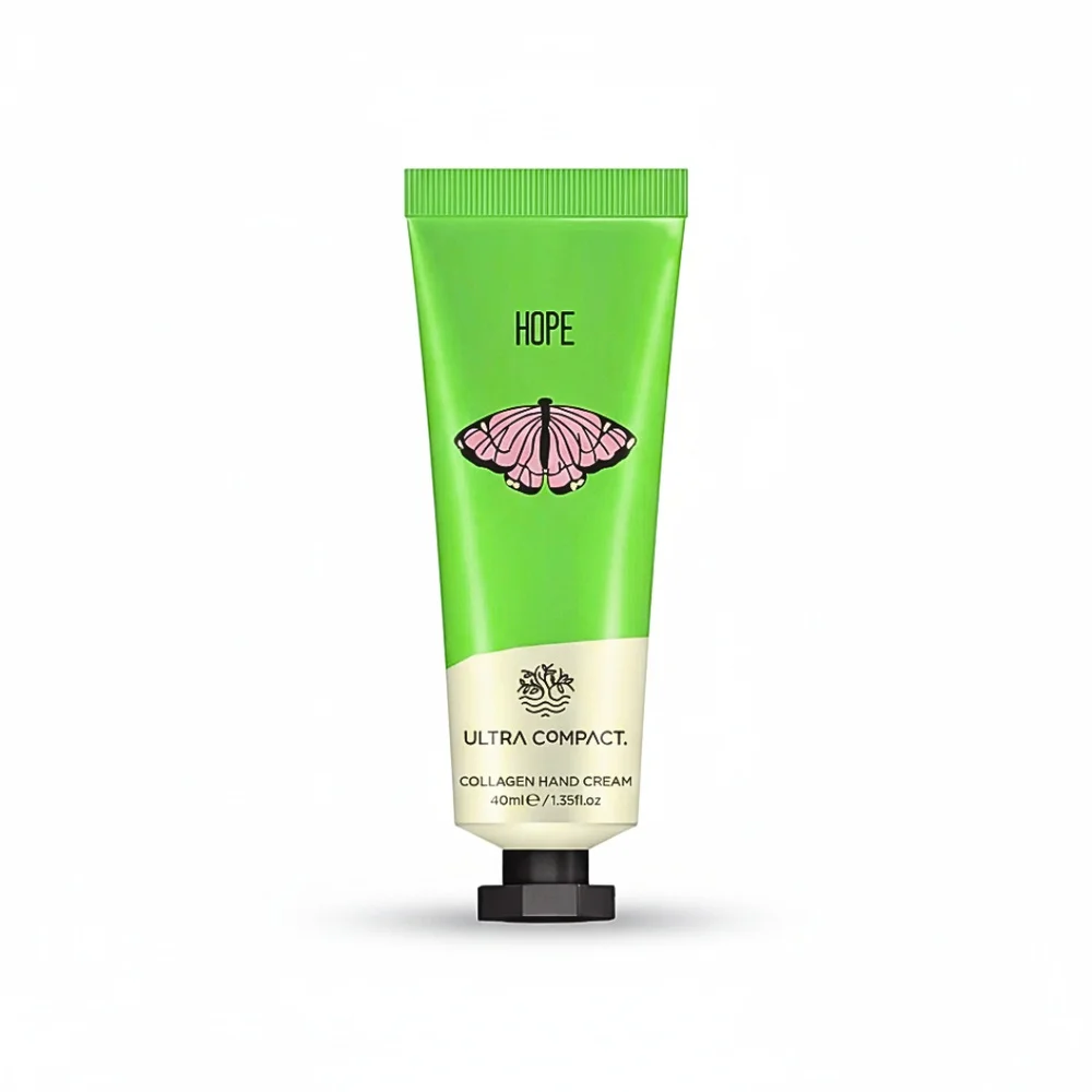 ultra-compact-creme-mains-hope-40ml.jpg Tube Ultra Compact Collagen Hand Cream Hope illustré d'un papillon rose