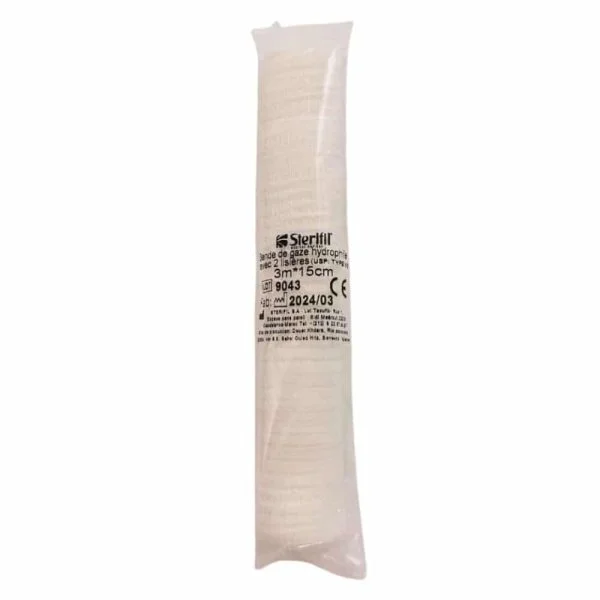Sachet transparent bande de gaze hydrophile blanche Sterifil 3 m x 15 cm