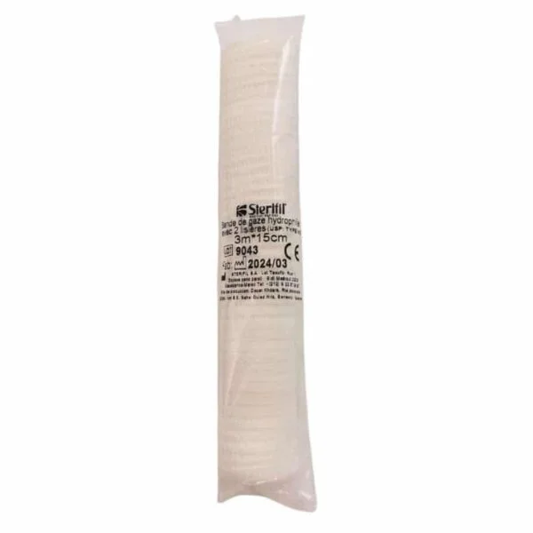 Bande de gaze hydrophile blanche enroulée sous sachet individuel transparent