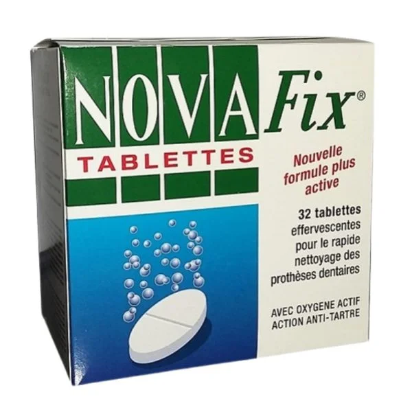 Boîte verte et blanche NovaFix Tablettes effervescentes 32 unités prothèses dentaires