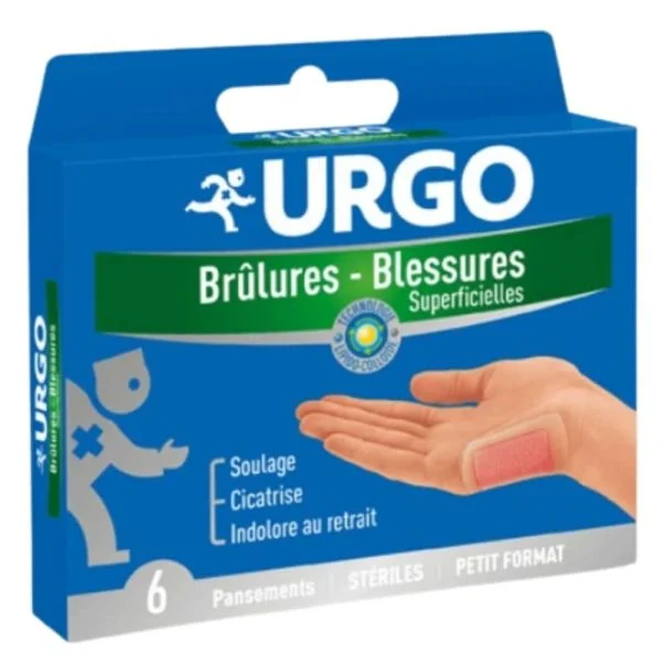 Boîte bleue et verte Urgo pansements brûlures blessures superficielles 6 unités