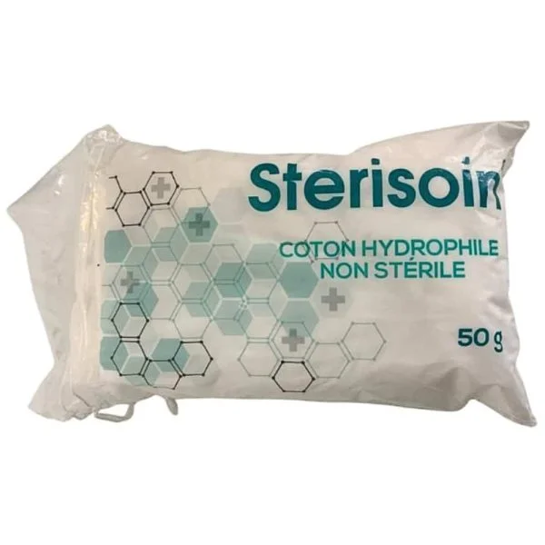 Sachet plastique Sterisoin coton hydrophile non stérile blanc 50 g