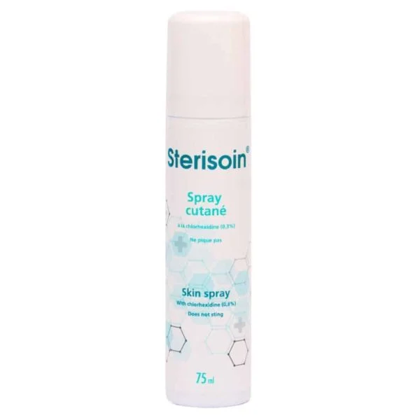 Flacon spray blanc Sterisoin spray cutané chlorhexidine 0,3 % 75 ml