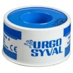 Rouleau blanc et bleu de sparadrap médical Urgo Syval vu de dessus