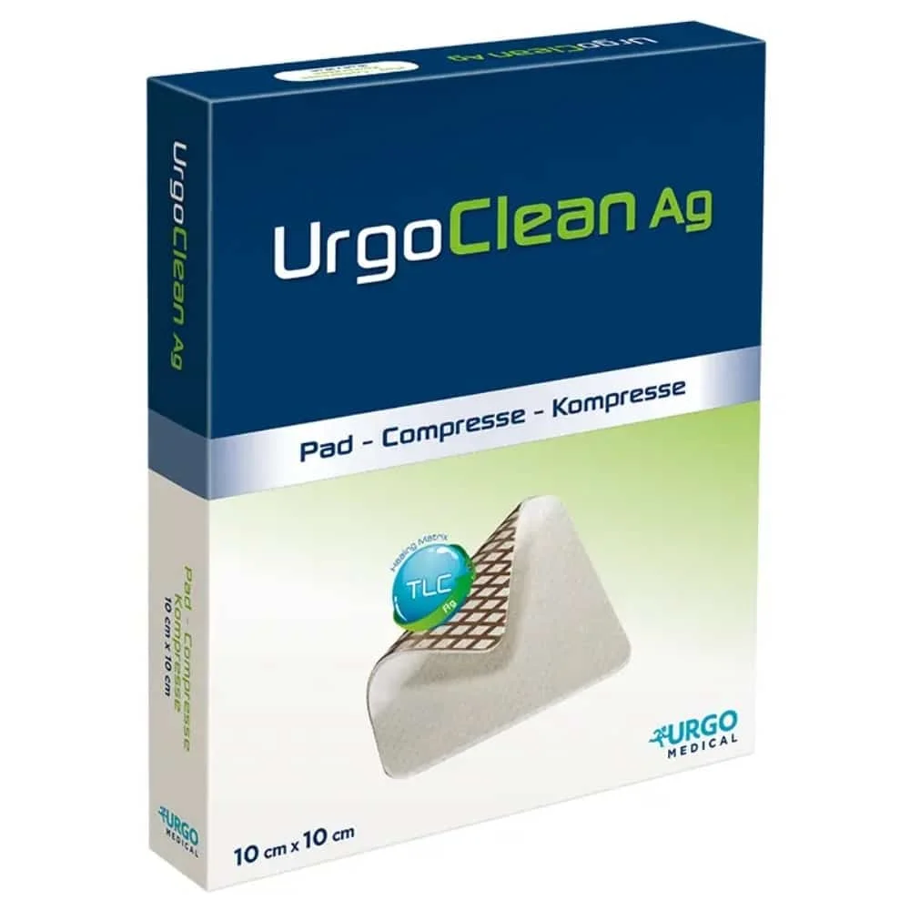 urgo-urgoclean-ag-compresse-10x10cm-1u.jpg Boîte bleue et verte UrgoClean Ag pad compresse stérile 10 cm x 10 cm