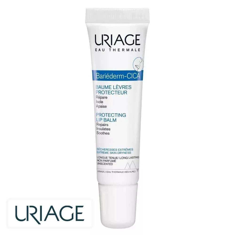 uriage-bariederm-cica-baume-levres-protecteur-15ml.jpg Tube blanc et bleu Uriage Bariéderm-CICA baume lèvres protecteur embout biseauté