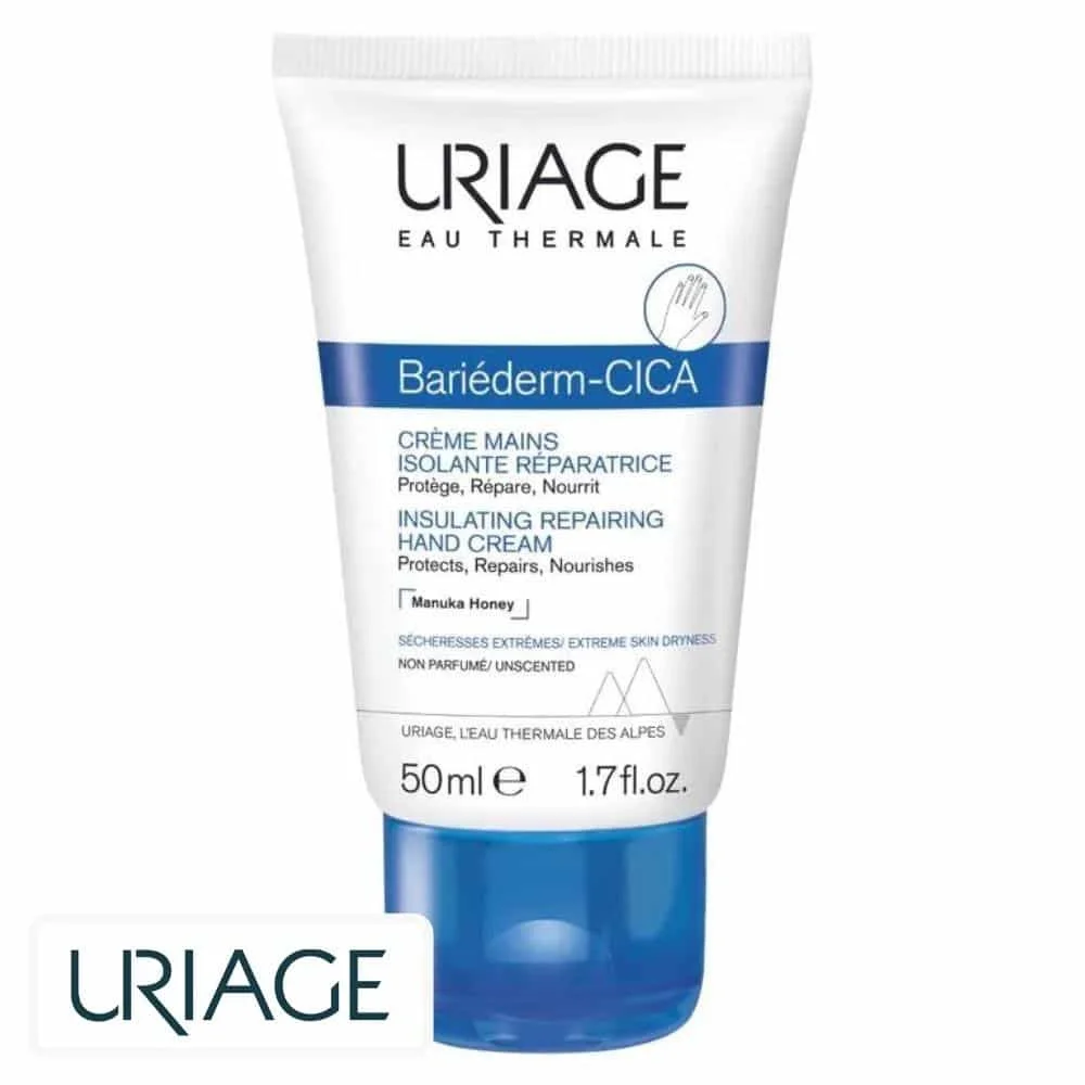 uriage-bariederm-cica-creme-mains-isolante-reparatrice-50ml.jpg Tube blanc et bleu Uriage Bariéderm-CICA crème mains isolante réparatrice 50 ml