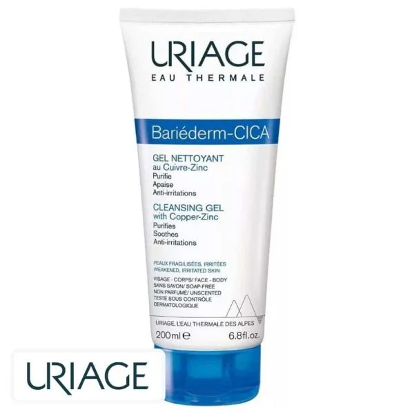 Tube blanc et bleu Uriage Bariéderm-CICA gel nettoyant Cuivre-Zinc 200 ml
