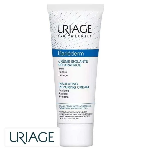 Tube blanc et bleu Uriage Bariéderm crème isolante réparatrice visage et corps