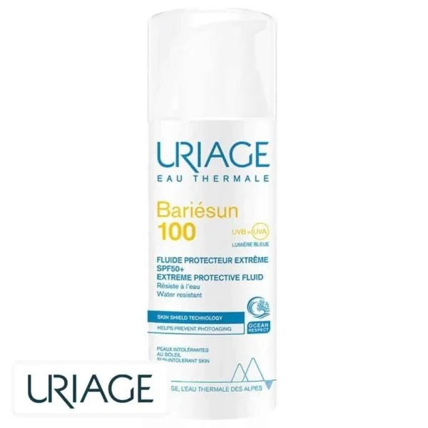 Flacon-pompe blanc Uriage Bariésun 100 fluide protecteur extrême SPF50+ 50 ml