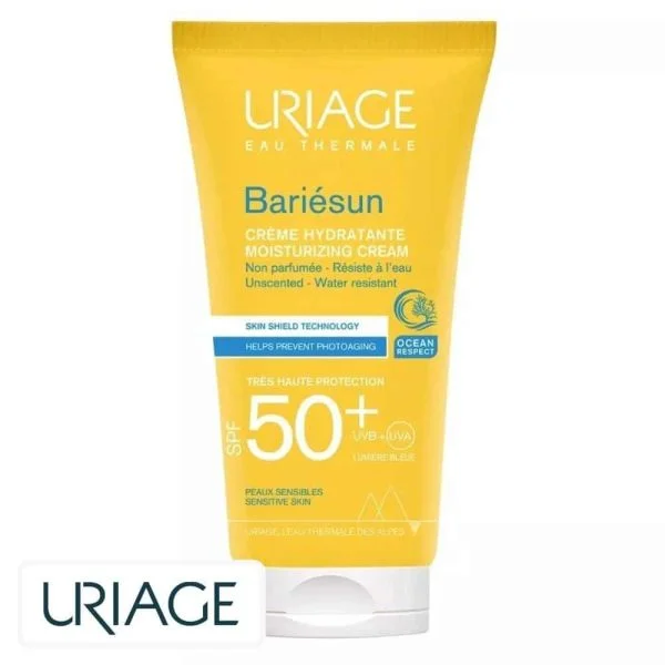 Tube jaune Uriage Bariésun crème hydratante SPF50+ non parfumée peaux sensibles
