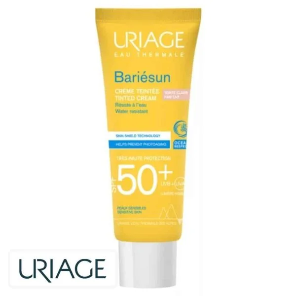 Tube jaune Uriage Bariésun crème teintée SPF50+ teinte claire peaux sensibles