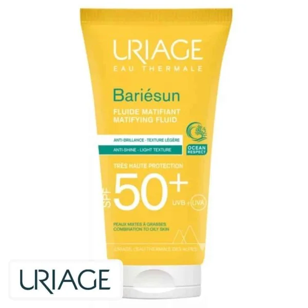 Tube jaune Uriage Bariésun fluide matifiant SPF50+ 50 ml peaux mixtes