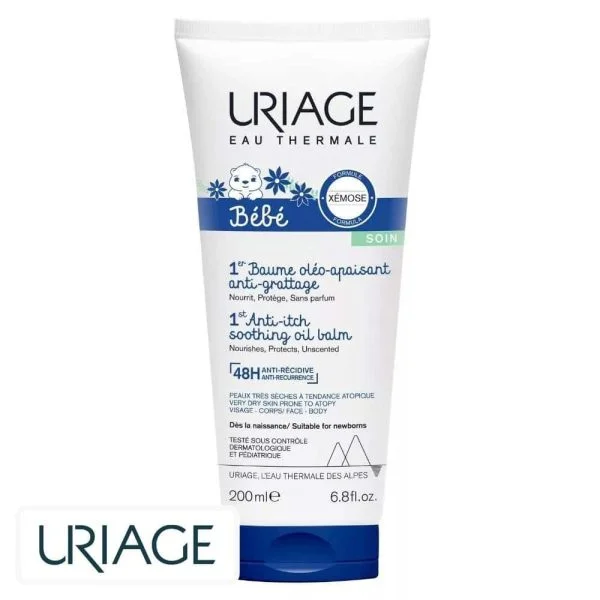 Tube blanc et bleu Uriage Bébé 1er baume oléo-apaisant anti-grattage 200 ml
