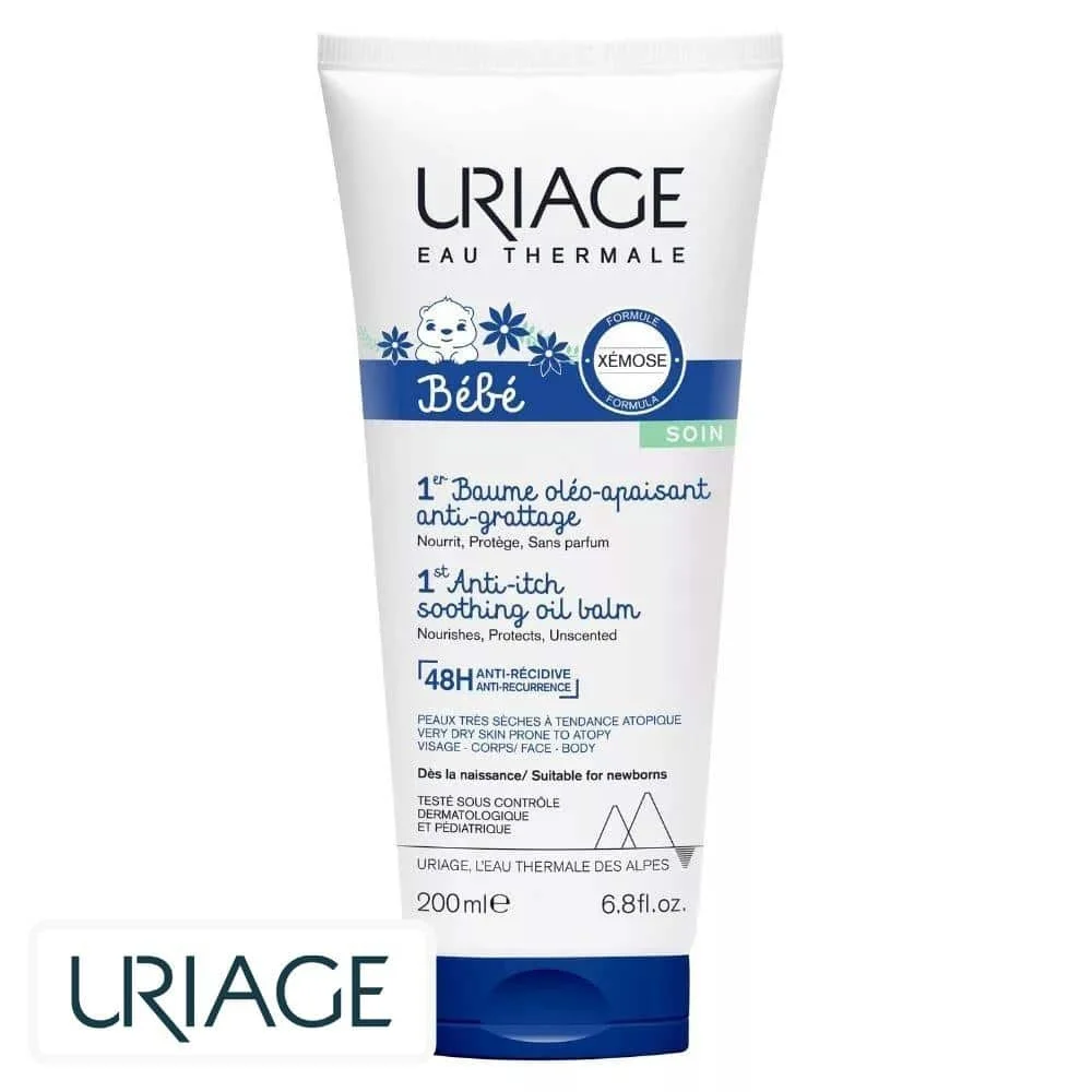 uriage-bebe-1er-baume-oleo-apaisant-anti-grattage-500ml.jpg Tube blanc et bleu Uriage Bébé 1er baume oléo-apaisant anti-grattage 200 ml