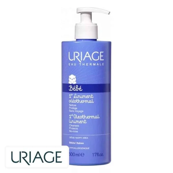 Flacon pompe bleu Uriage Bébé 1er liniment oléothermal 500 ml