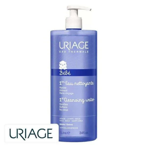 Flacon pompe bleu Uriage Bébé 1ère Eau Nettoyante, format familial, 1 litre