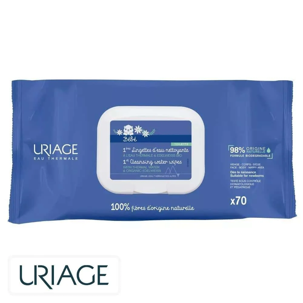 uriage-bebe-1eres-lingettes-d-eau-nettoyante-70u.jpg Paquet bleu Uriage Bébé 1ères Lingettes d'Eau Nettoyante, étui blanc, x70