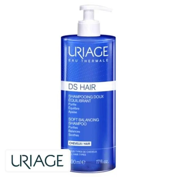 Grand flacon pompe bleu Uriage DS Hair shampooing doux équilibrant 500 ml