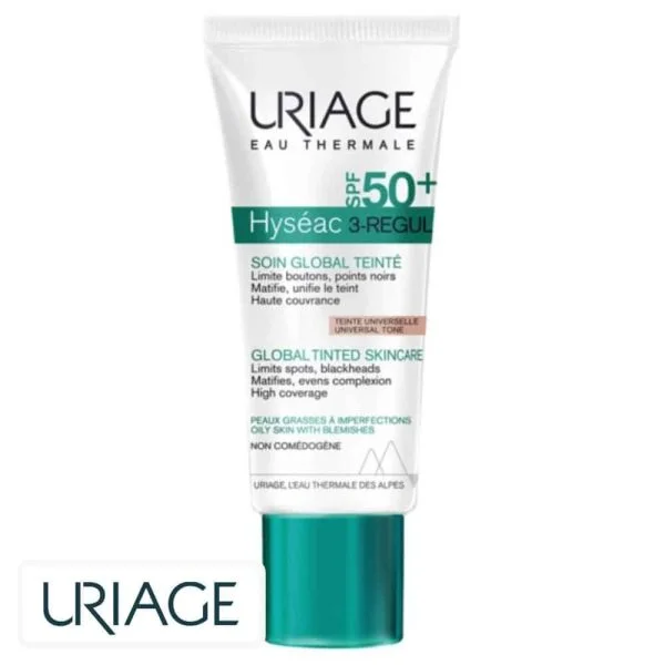 Tube blanc et vert Uriage Hyséac 3-Regul teinté SPF50+ 40 ml