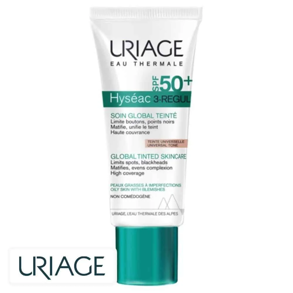uriage-hyseac-3-regul-soin-global-teinte-universelle-boutons-et-points-noirs-spf50-40ml.jpg Tube blanc et vert Uriage Hyséac 3-Regul teinté SPF50+ 40 ml