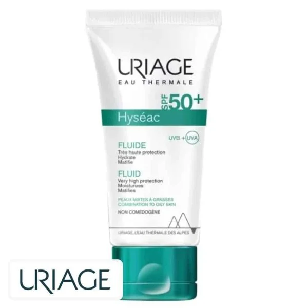 Tube blanc et vert Uriage Hyséac fluide SPF50+ 50 ml protection visage