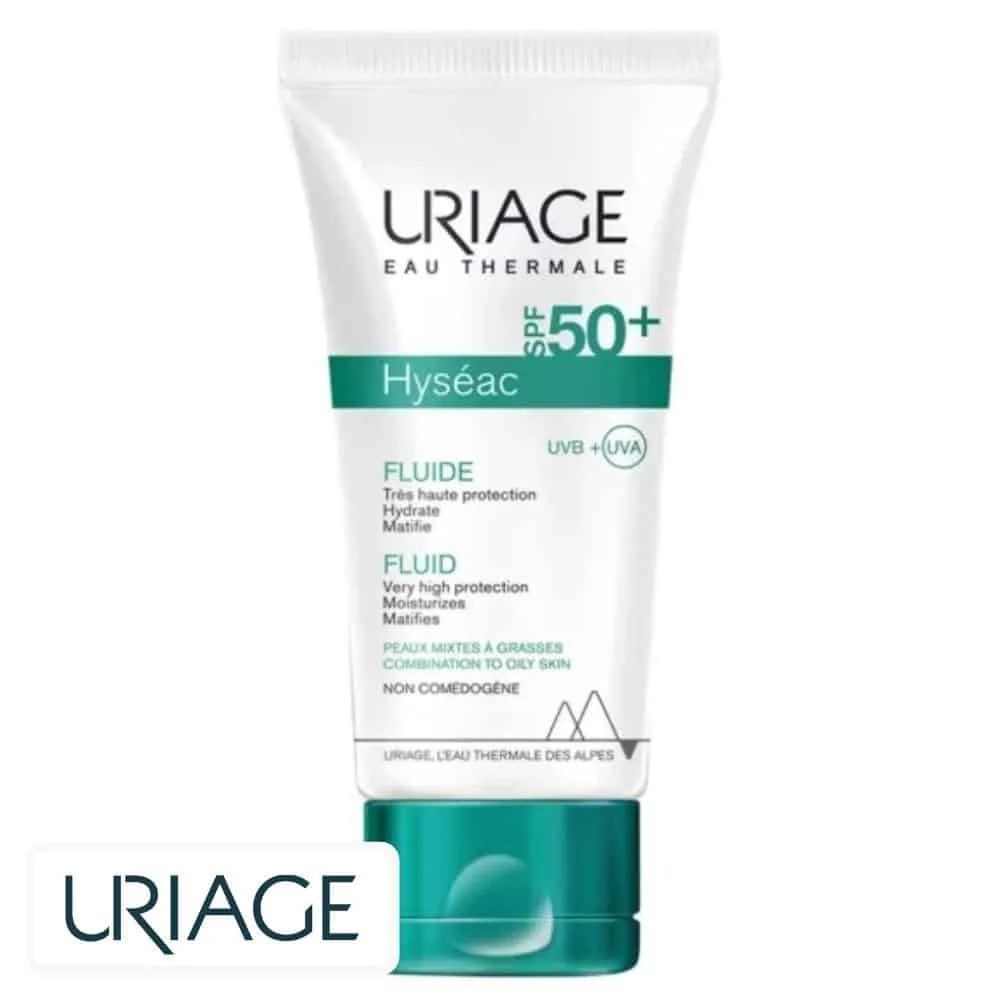 uriage-hyseac-fluide-hydratant-matifiant-spf50-50ml.jpg Tube blanc et vert Uriage Hyséac fluide SPF50+ 50 ml protection visage