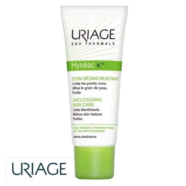 Tube blanc et vert anis Uriage Hyséac K18 soin désincrustant 40 ml