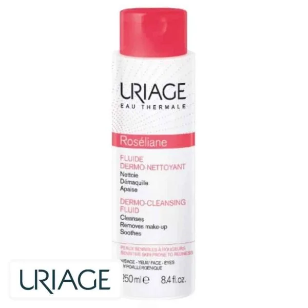 Flacon blanc bouchon rose Uriage Roséliane fluide dermo-nettoyant 250 ml