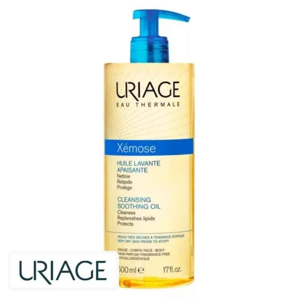 Flacon pompe doré bouchon bleu Uriage Xémose huile lavante 500 ml