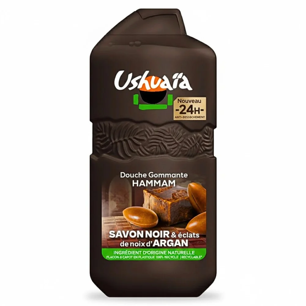 ushuaia-douche-gommante-hammam-savon-noir-280ml.jpg Flacon marron Ushuaïa Douche Gommante Hammam savon noir et noix d'argan