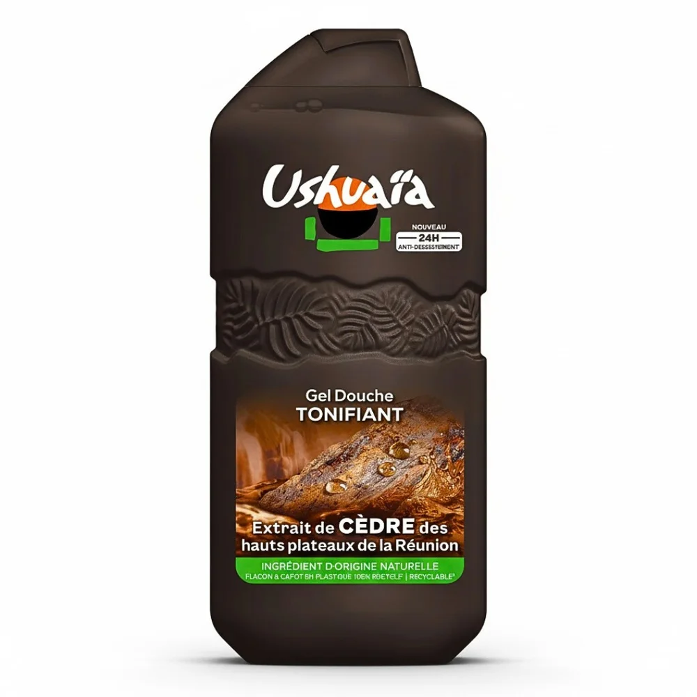 ushuaia-gel-douche-tonifiante-cedre-280ml.jpg Flacon marron Ushuaïa Gel Douche Tonifiant extrait de cèdre de la Réunion