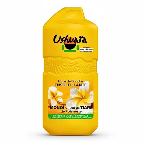 Flacon jaune Ushuaïa Huile de Douche Ensoleillante monoï et fleur de tiaré