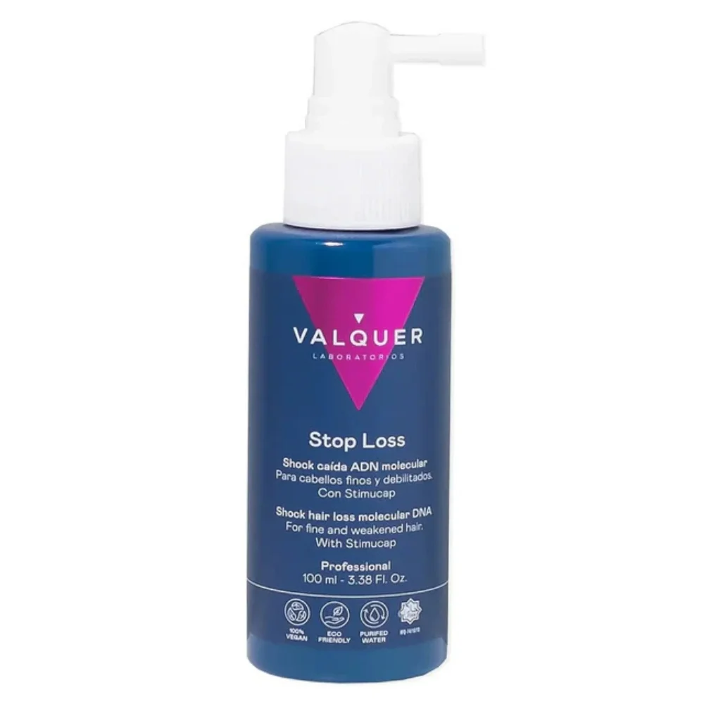 valquer-lotion-anti-chute-adn-moleculaire-100ml.jpg Flacon bleu Valquer Laboratorios lotion Stop Loss avec embout applicateur 100 ml