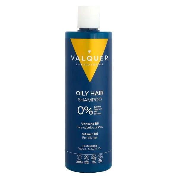 Flacon bleu et jaune Valquer Laboratorios Oily Hair Shampoo vitamine B6 400 ml