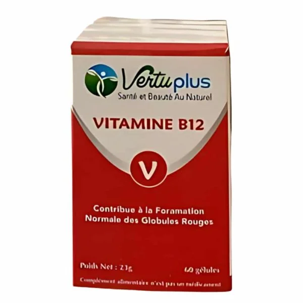 Boîte rouge et blanche Vertuplus Vitamine B12 globules rouges 60 gélules